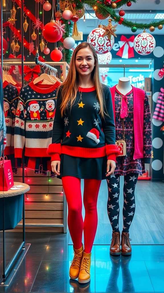A collection of quirky Christmas outfits including an ugly sweater, colorful leggings, and festive accessories against a backdrop of Christmas decorations.